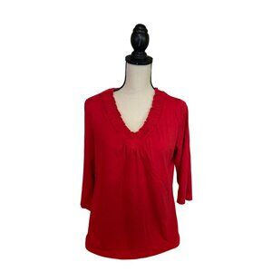 Jones New York Sport Womens Shirt XL Red V-Neck Ruffle Trim 3/4 Sleeve Preppy